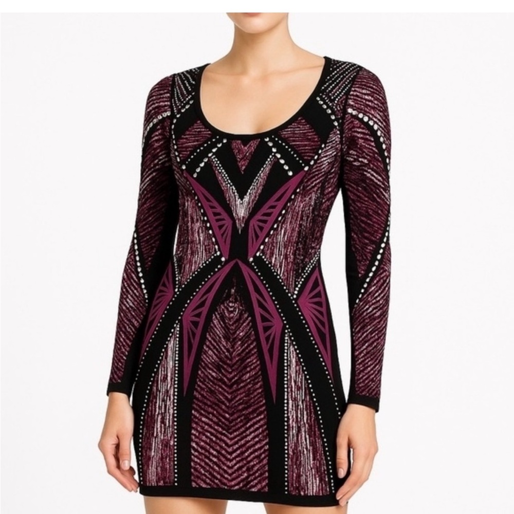 Guess Bodycon Maroon and Black Long Sleeve Dress